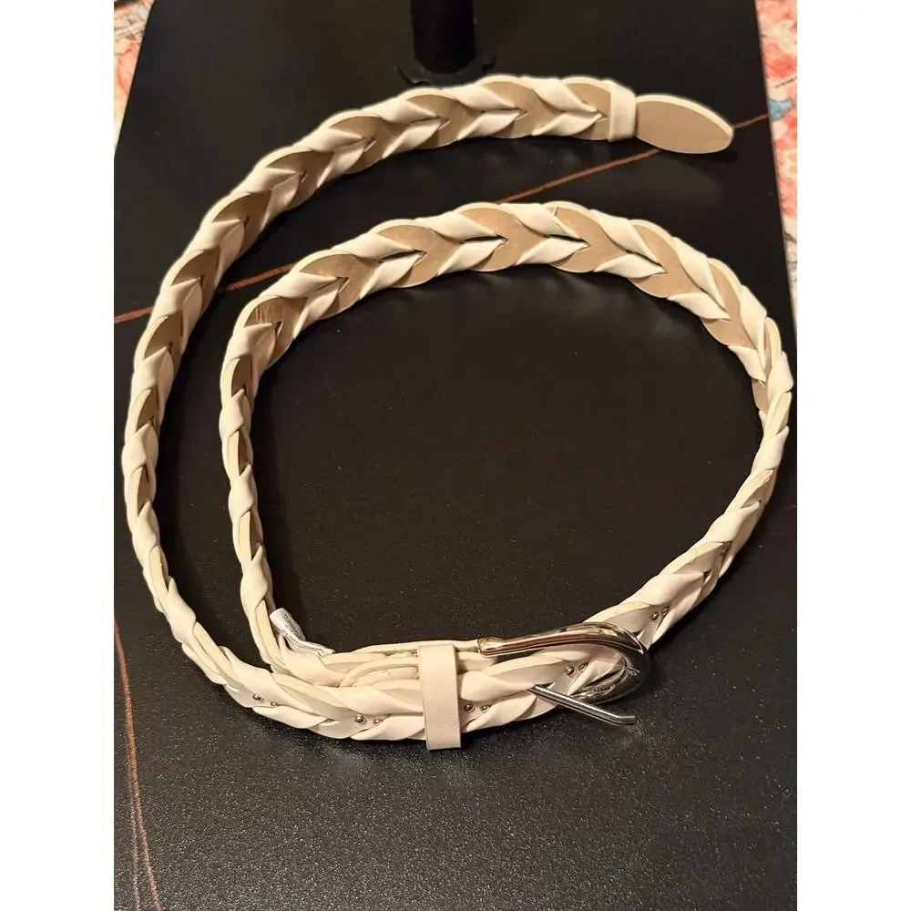 Cream Braided Skinny Belt Studded Boho Minimalist Western Style